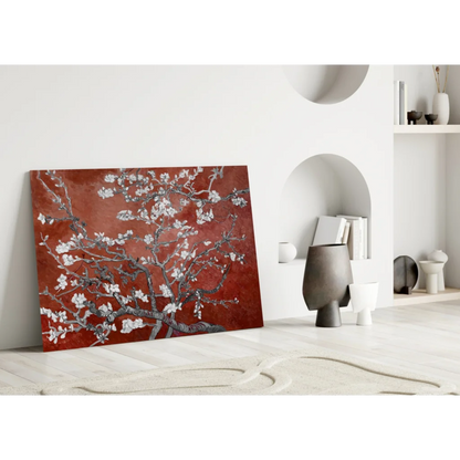 Stunning red almond blossom canvas wall art with white flowers