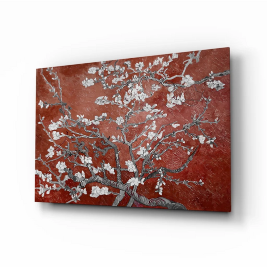 Stunning red almond blossom wall art with white flowers on canvas