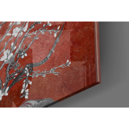Stunning red almond blossom wall art with white flowers and textured surface