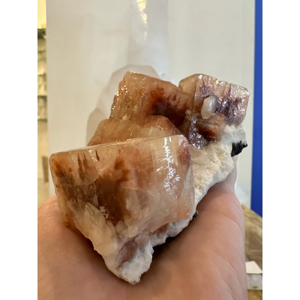 Hand holding stunning red apophyllite fluorite quartz cluster from Pune India
