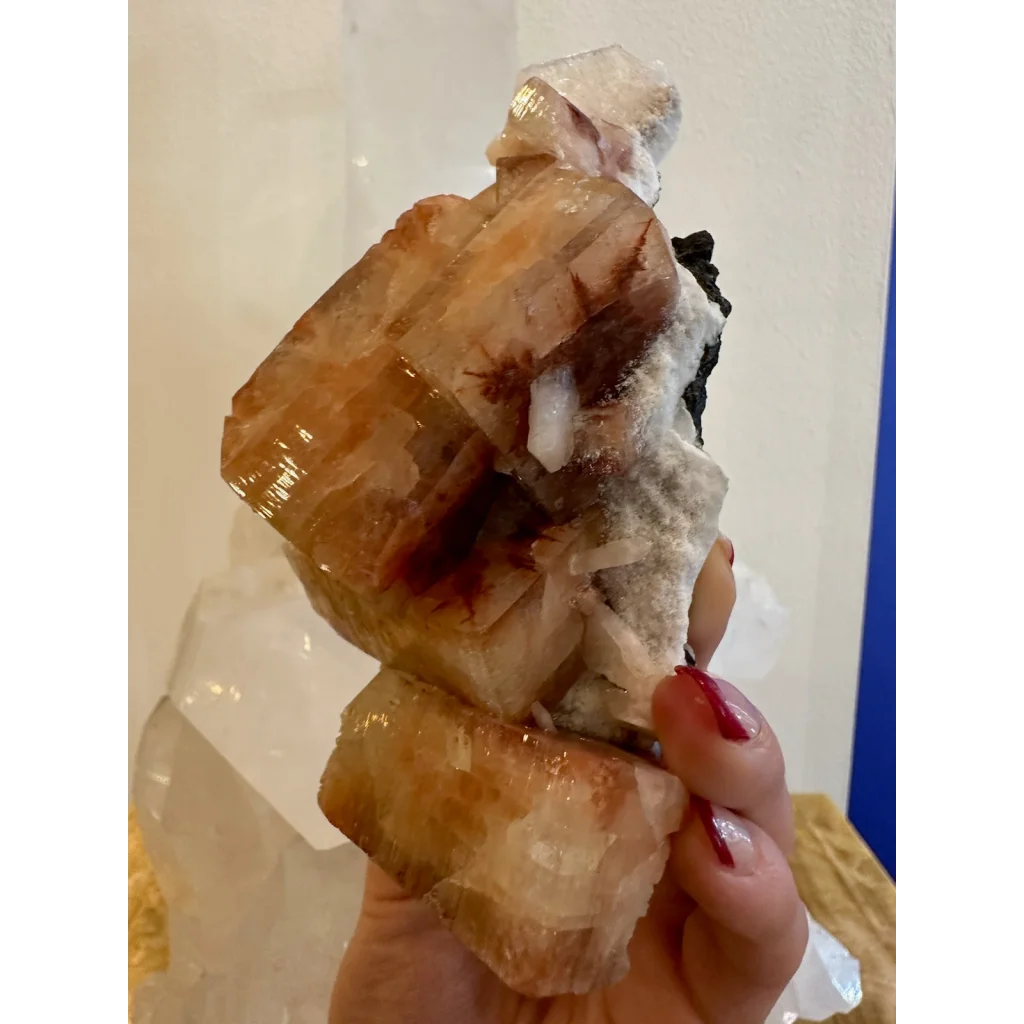 Hand holding stunning red apophyllite crystal cluster from Pune, India