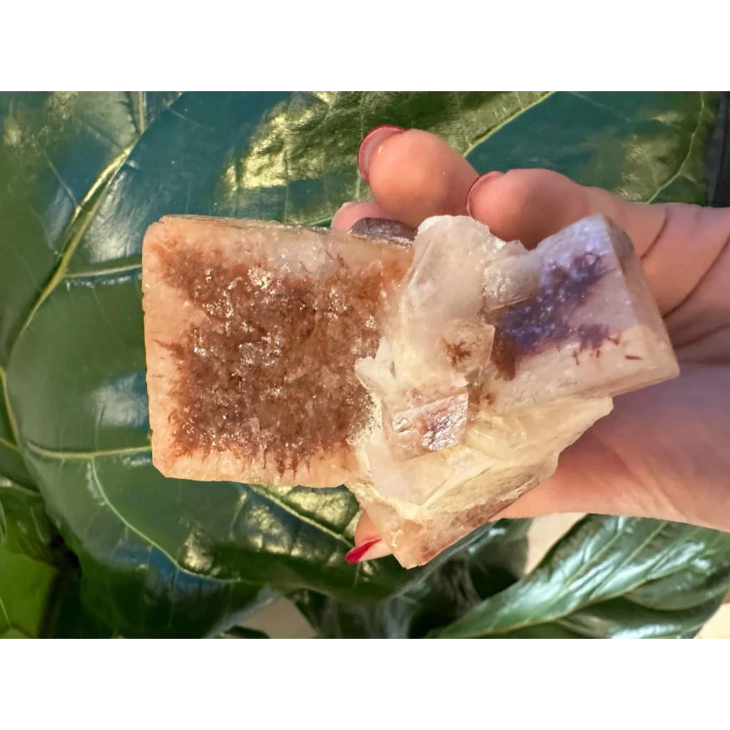 Hand holding stunning red apophyllite cube from India with purple streaks