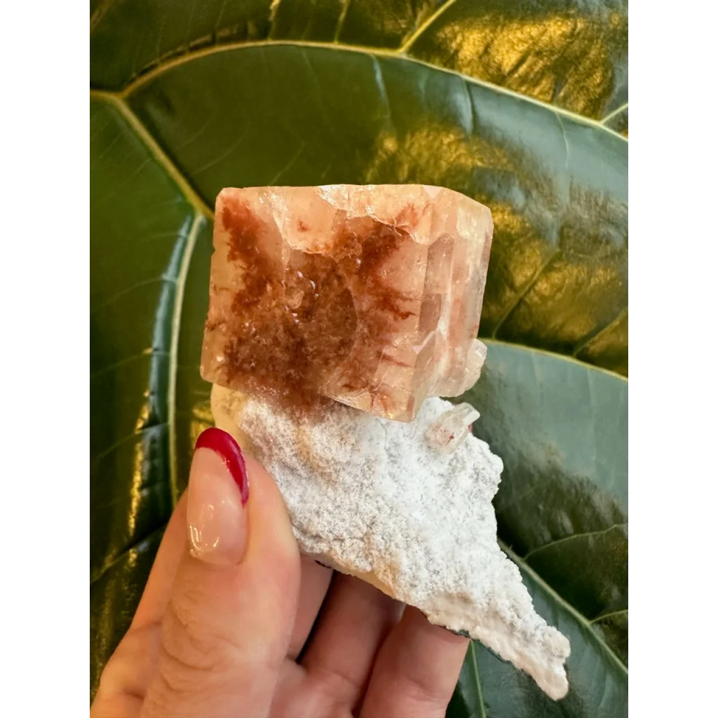 Stunning red apophyllite cube with stilbite on white matrix from India