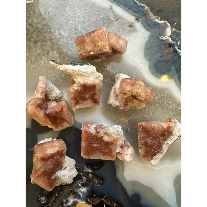 Stunning red apophyllite cube with stilbite on agate slab