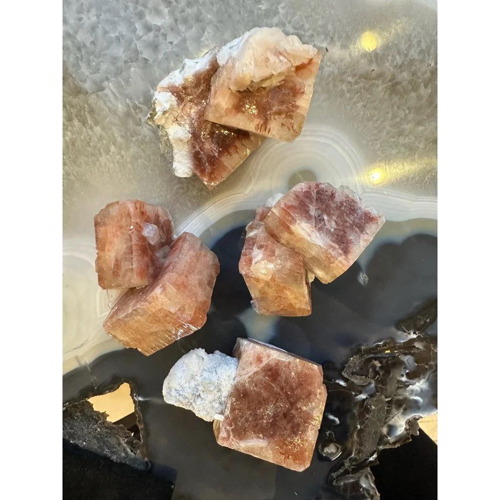 Stunning red apophyllite cube with stilbite from India on agate slab