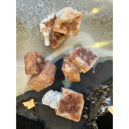 Stunning red apophyllite cube with stilbite from India on agate slab