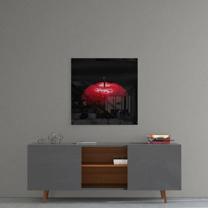 Stunning red apple glass wall art sculpture with glossy finish, water droplets, and metallic base
