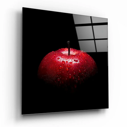 Glossy red apple with water droplets in stunning glass wall art