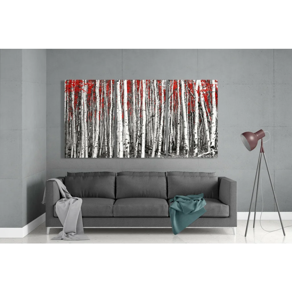 Modern red birch forest triptych wall art print