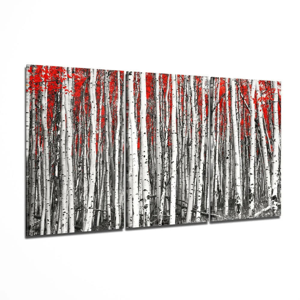 Stunning red birch forest triptych canvas wall art