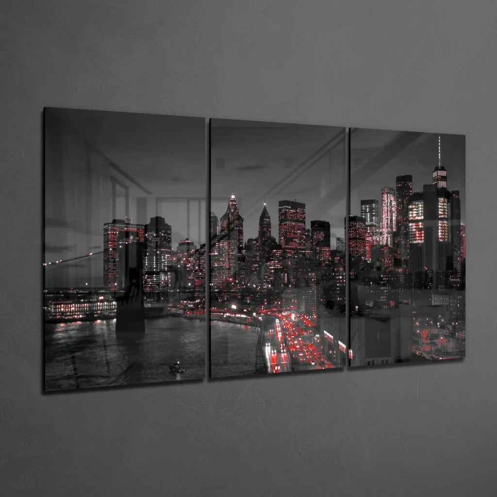Stunning red and black glass art cityscape triptych with red accents