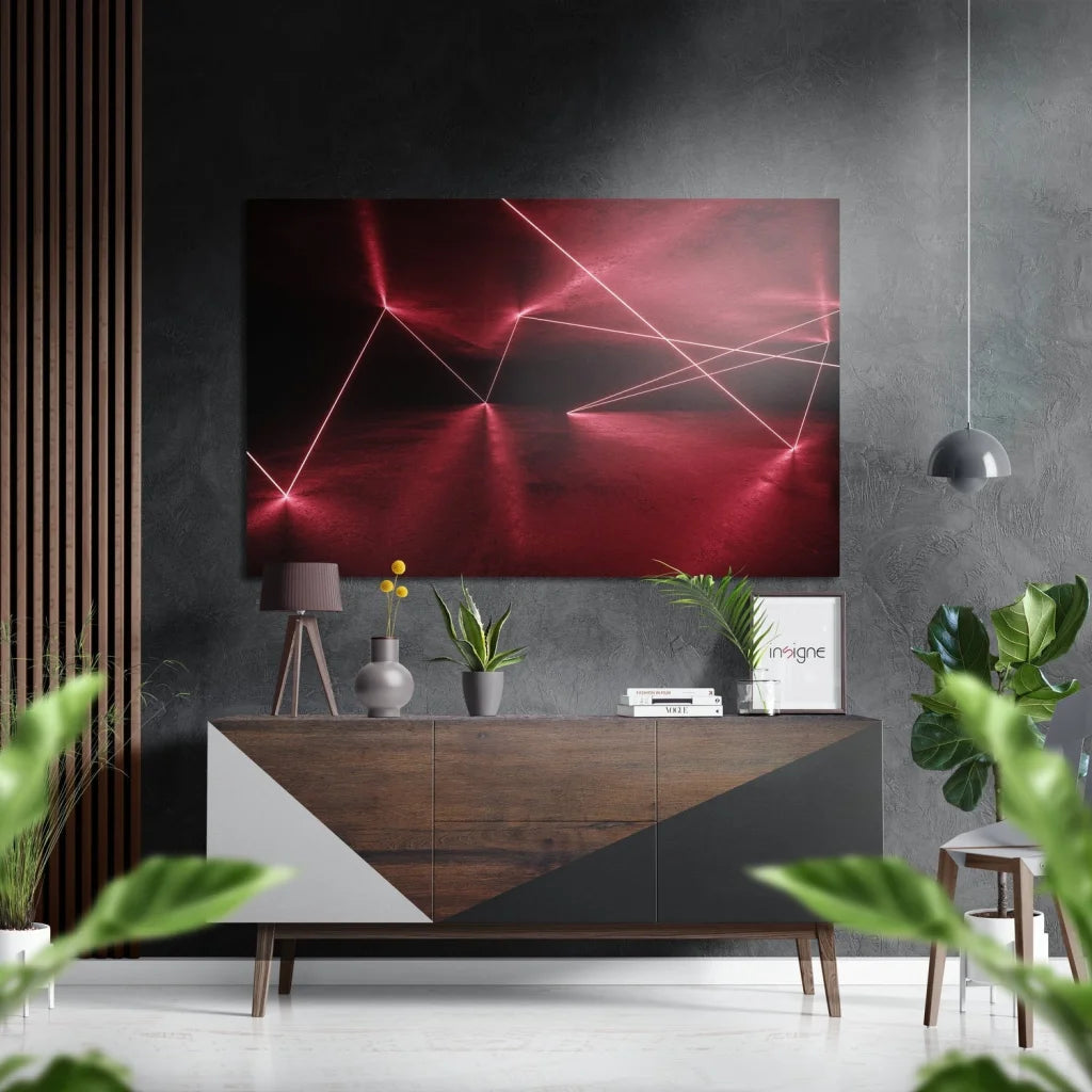 Vibrant red laser lines on abstract canvas, brushed aluminium dibond wall art