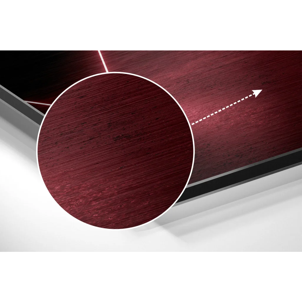 Deep red brushed aluminium dibond wall art with wood grain texture