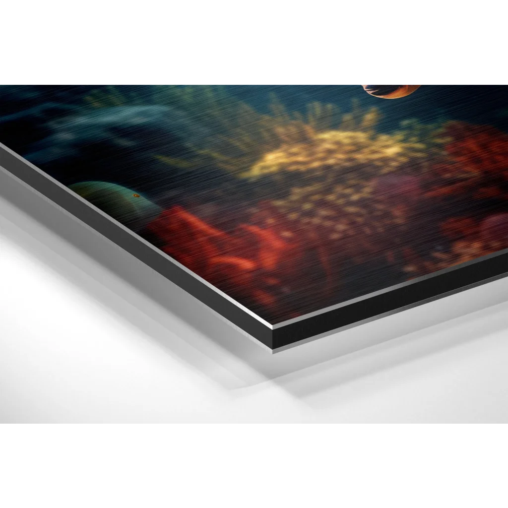 Glass Wall Art Vibrant red coral underwater scene on brushed aluminium Dibond wall art