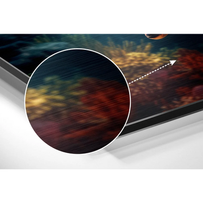 Stunning red coral brushed aluminium dibond wall art print in black frame