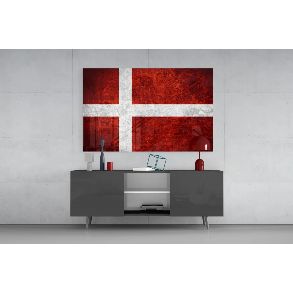 Modern gray sideboard under stunning red cross flag wall art