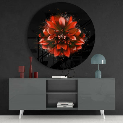 Vibrant red dahlia tempered glass art circle on glossy black background