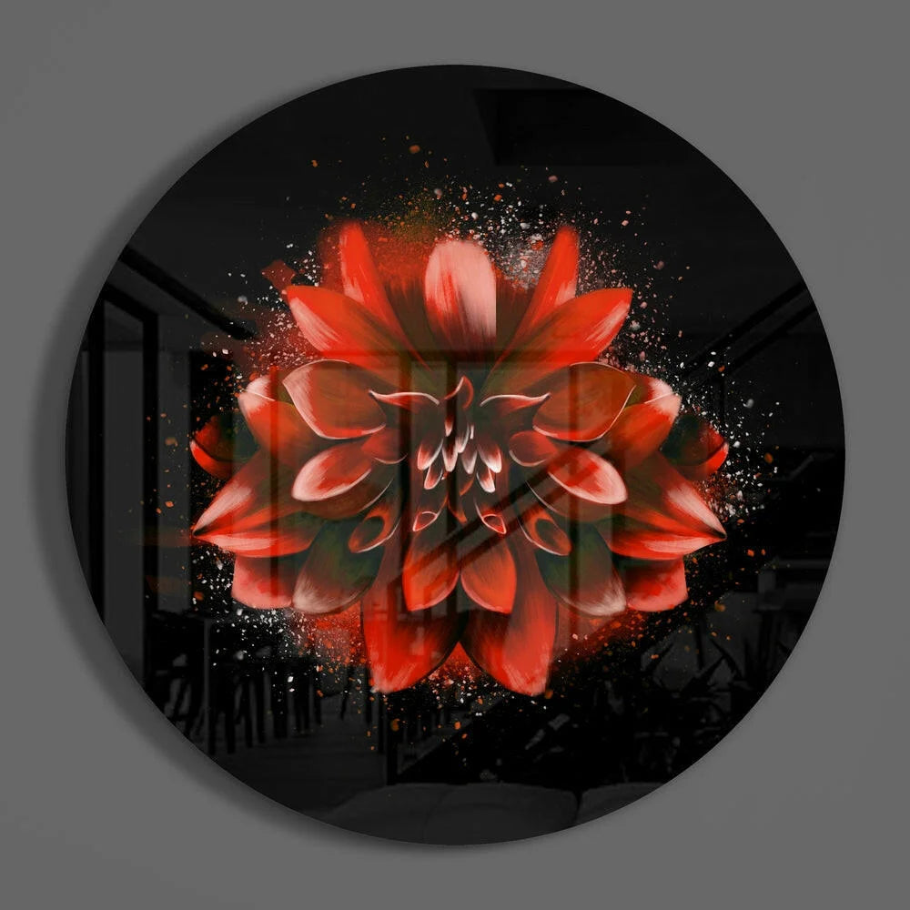 Vibrant red dahlia tempered glass art circle on glossy black panel