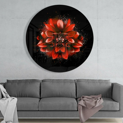 Stunning red dahlia tempered glass art circle on black background