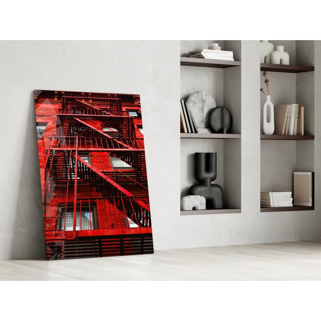 Vibrant red fire escape glass wall art print on modern canvas