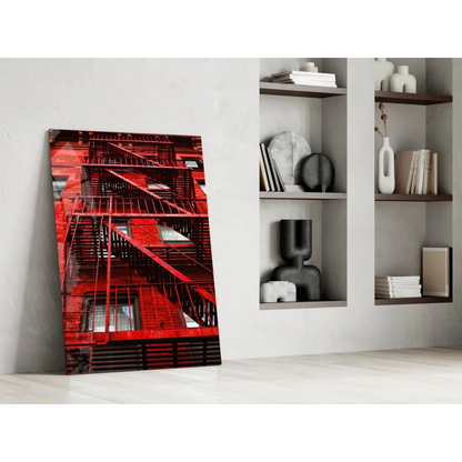 Vibrant red fire escape glass wall art print on modern canvas