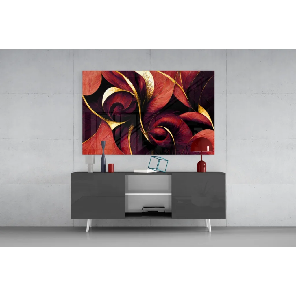 Stunning red gold floral glass wall art canvas print in modern black and gold frame