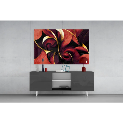 Stunning red gold floral glass wall art canvas print in modern black and gold frame