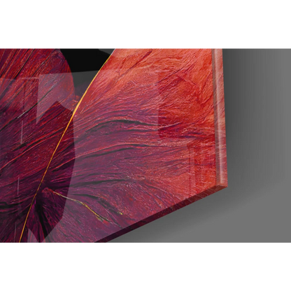 Stunning red gold floral glass wall art with purple textured leaves