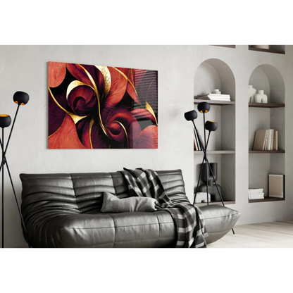 Stunning red gold floral glass wall art with leather sofa and black red abstract wall