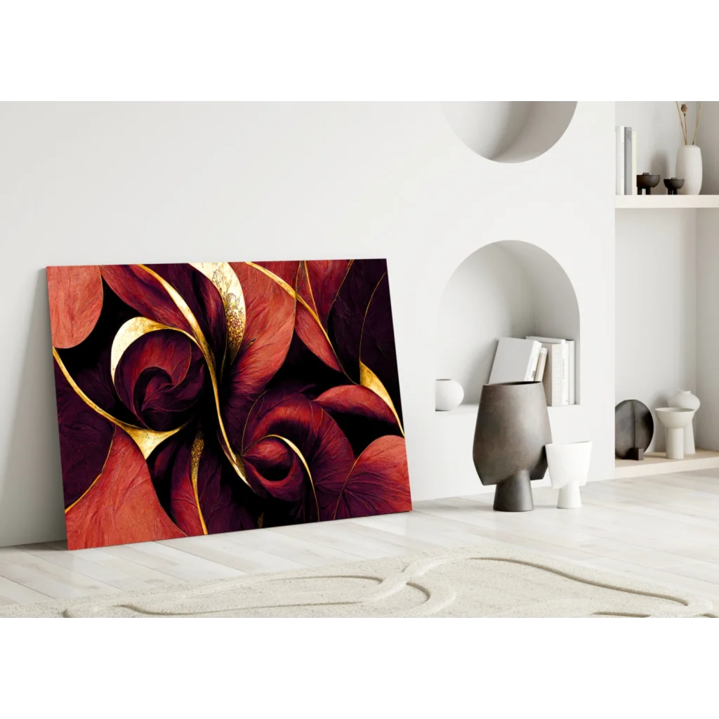 Stunning red gold floral glass wall art canvas print