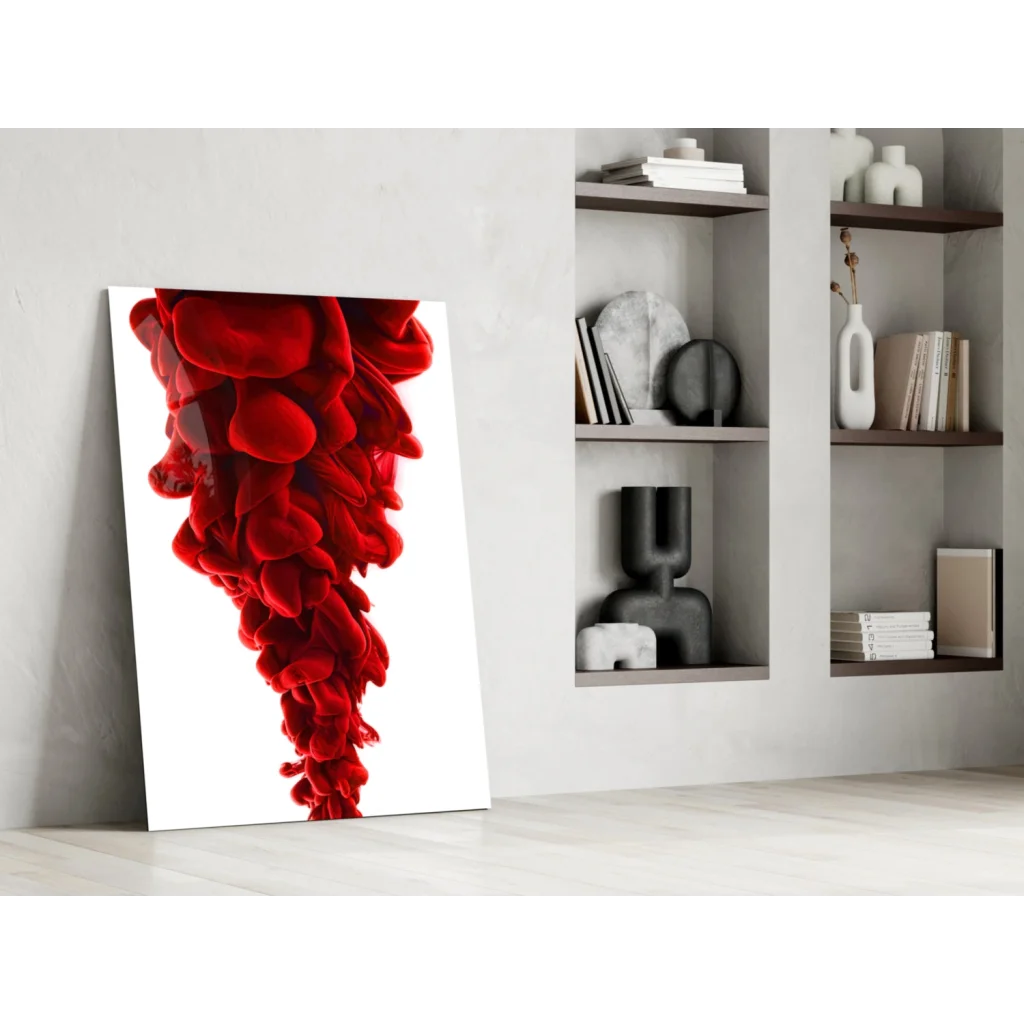 Red ink splash wall art in black frame on white background