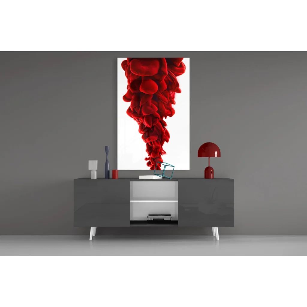 Modern gray sideboard with white legs below stunning red ink splash wall art