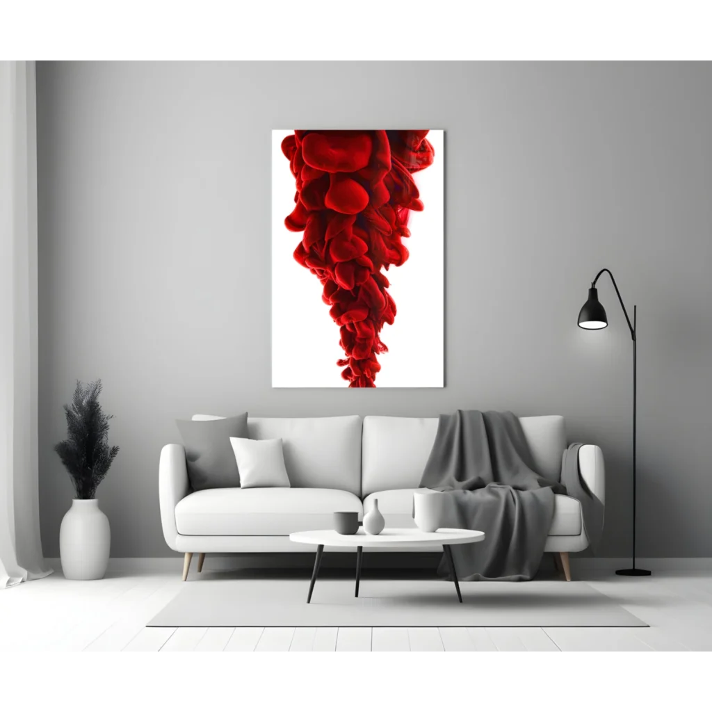 Red ink splash wall art print in black frame on white background