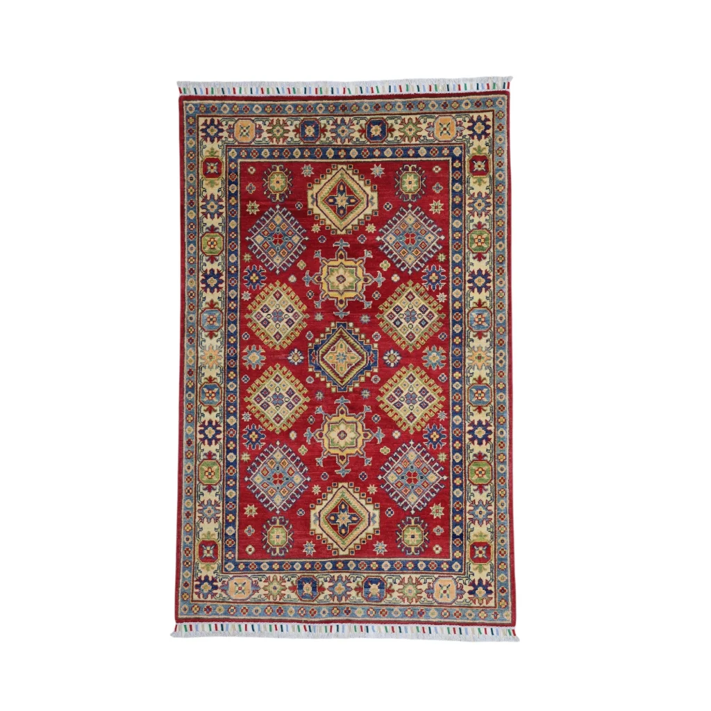 Vibrant red Kazak rug from Afghanistan with cotton foundation and intricate patterns
