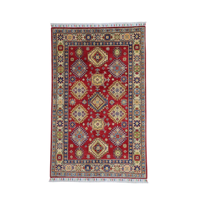 Vibrant red Kazak rug from Afghanistan with cotton foundation and intricate patterns