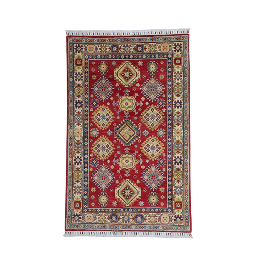 Vibrant red Kazak rug from Afghanistan with cotton foundation and intricate patterns