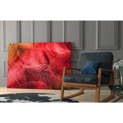 Stunning red leaf canvas wall art with intricate veins and metallic shine
