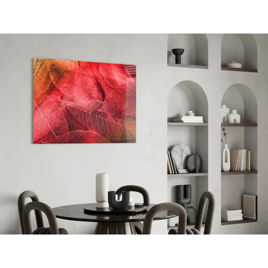 Stunning red leaf canvas wall art with metallic shine and intricate veins