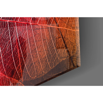 Stunning red leaf skeleton canvas wall art with metallic shine