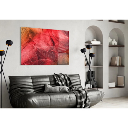 Stunning red leaf canvas wall art with orange abstract textured shine