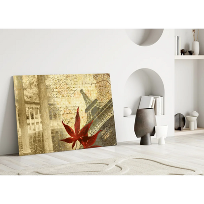 Stunning red maple leaf glass wall art with Eiffel Tower design