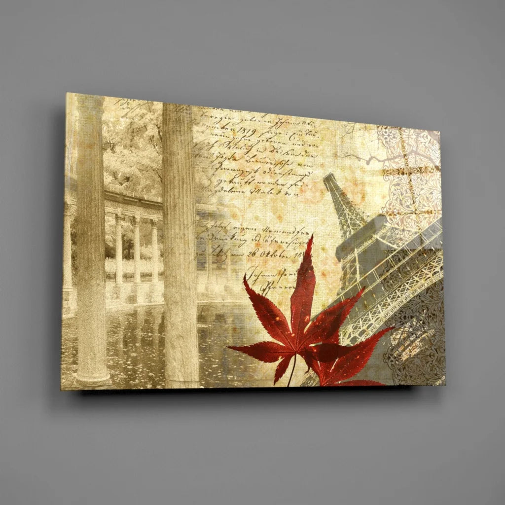 Stunning red maple leaf glass wall art with Eiffel Tower design