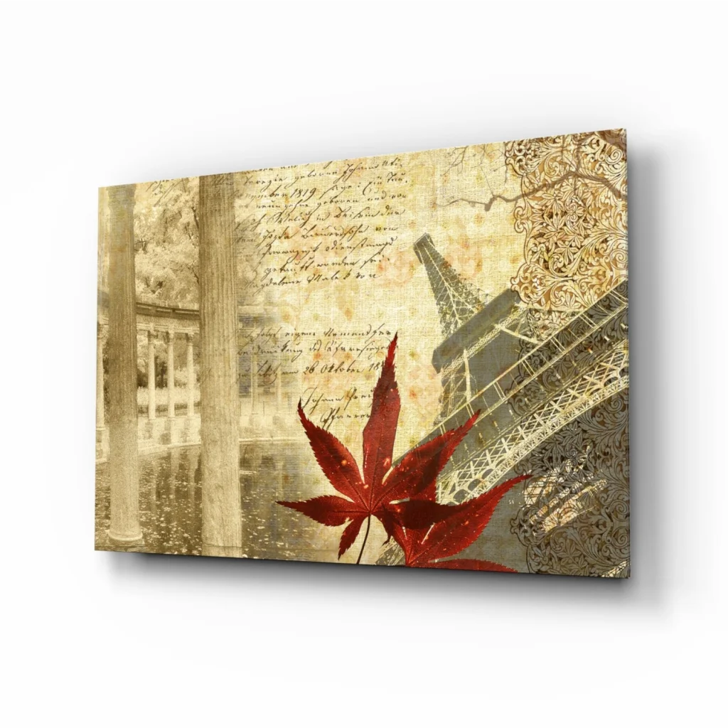 Stunning red maple leaf glass wall art with Eiffel Tower design