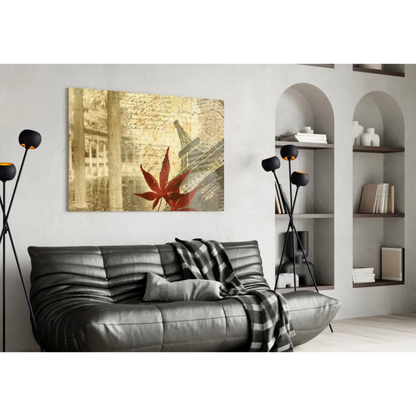Stunning red maple leaf glass wall art with Eiffel Tower design