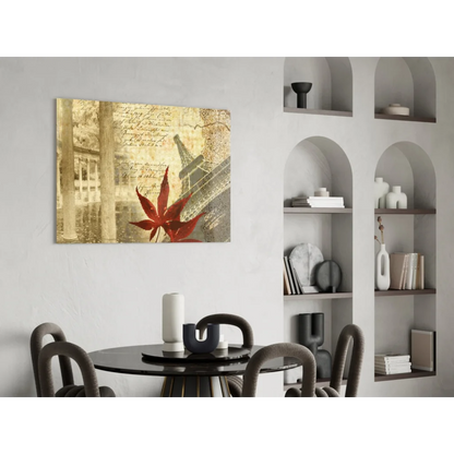 Stunning red maple leaf glass wall art with Eiffel Tower design