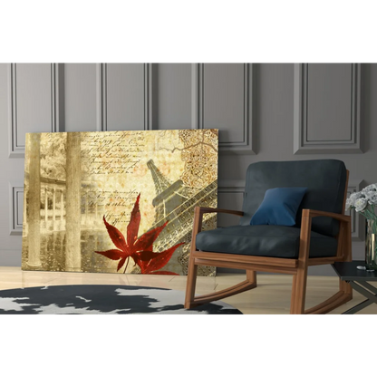 Stunning red maple leaf glass wall art with Eiffel Tower design