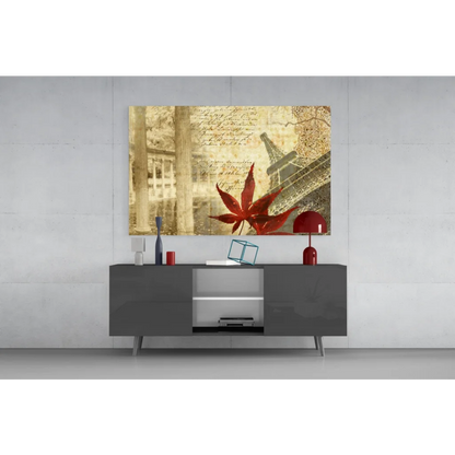 Stunning red maple leaf glass wall art with Eiffel Tower design