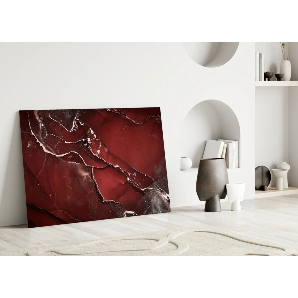 Stunning red marble glass wall art with silver swirls on canvas