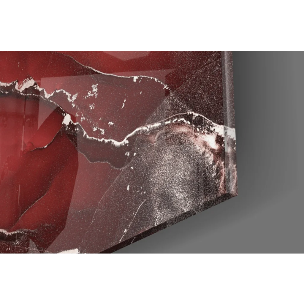 Stunning red marble glass wall art with metallic silver swirls