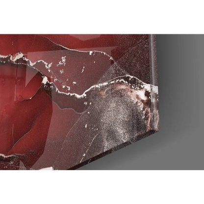 Stunning red marble glass wall art with metallic silver swirls